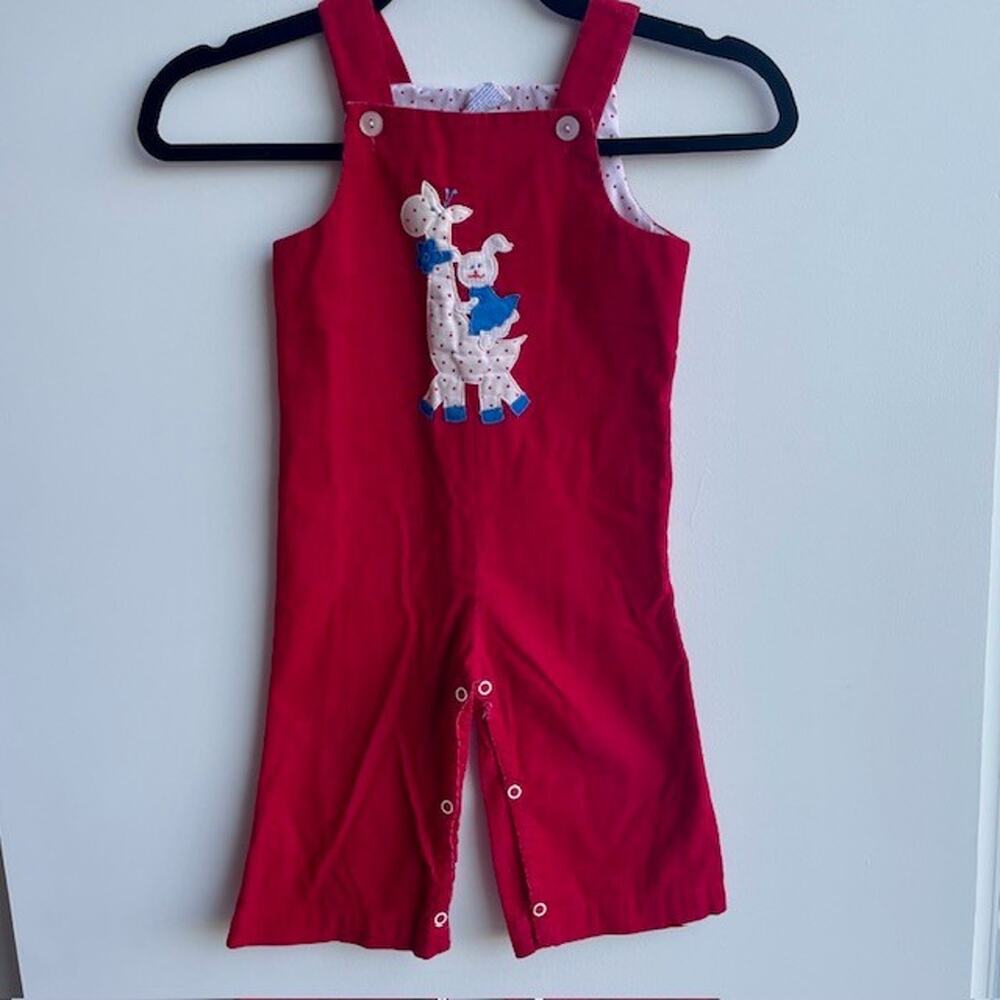 Vintage Red Corduroy Toddler Overalls Giraffe Size 24 Cherubs